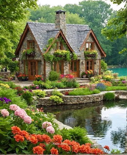 Stone cottage with ivy, colorful garden flowers, and pond surrounded by trees