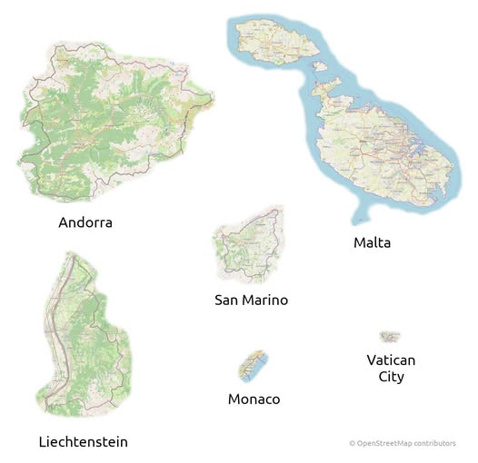 Illustrated maps of six European microstates labeled on a white background