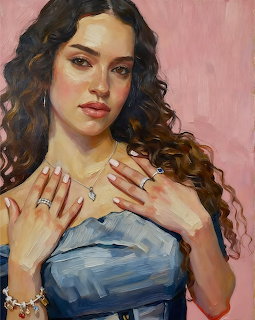 Oil painting of a young woman with curly hair, blue dress, and jewelry on a pink background