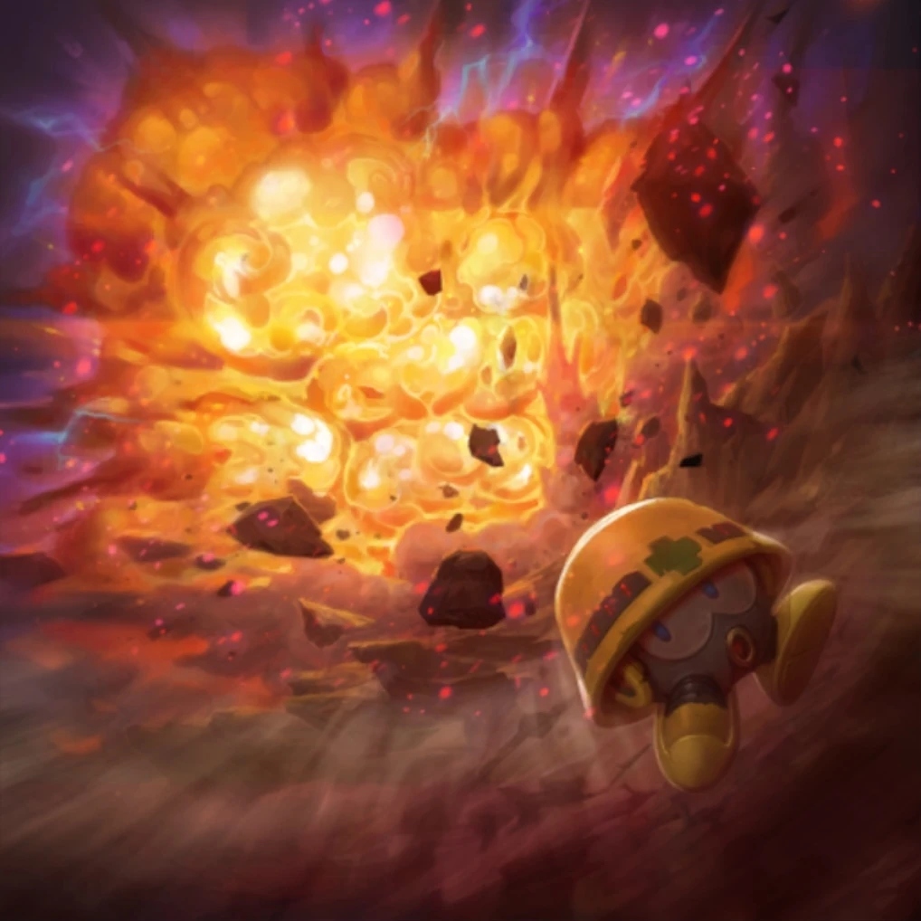 Bright fiery explosion with flying debris and a small bomb-like object in the foreground