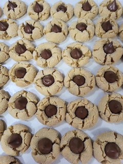 Rows of peanut butter blossom cookies with chocolate kisses pressed into the center on a white surface