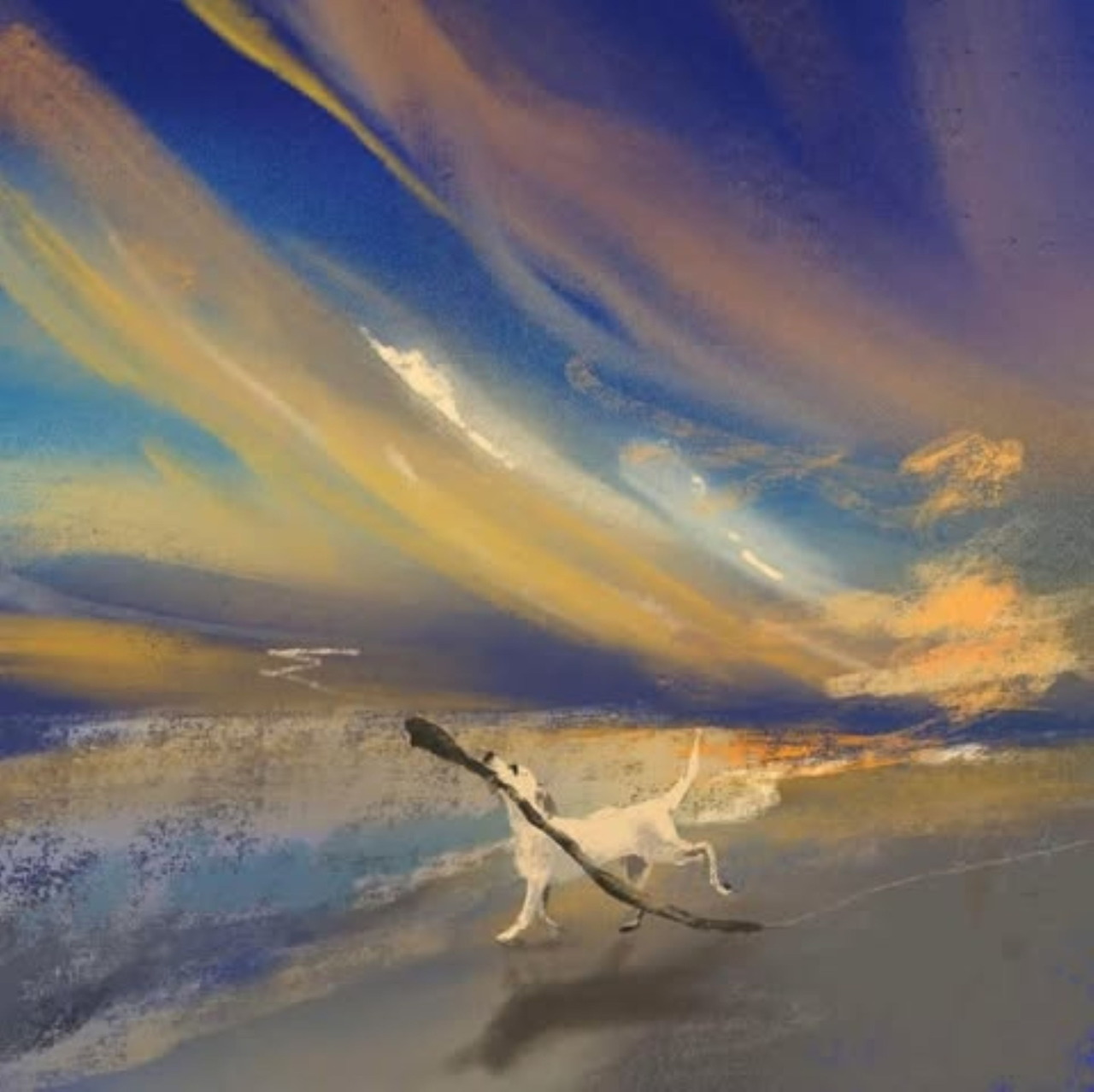 Painting of a dog carrying a large stick on reflective wet sand under a dramatic sky