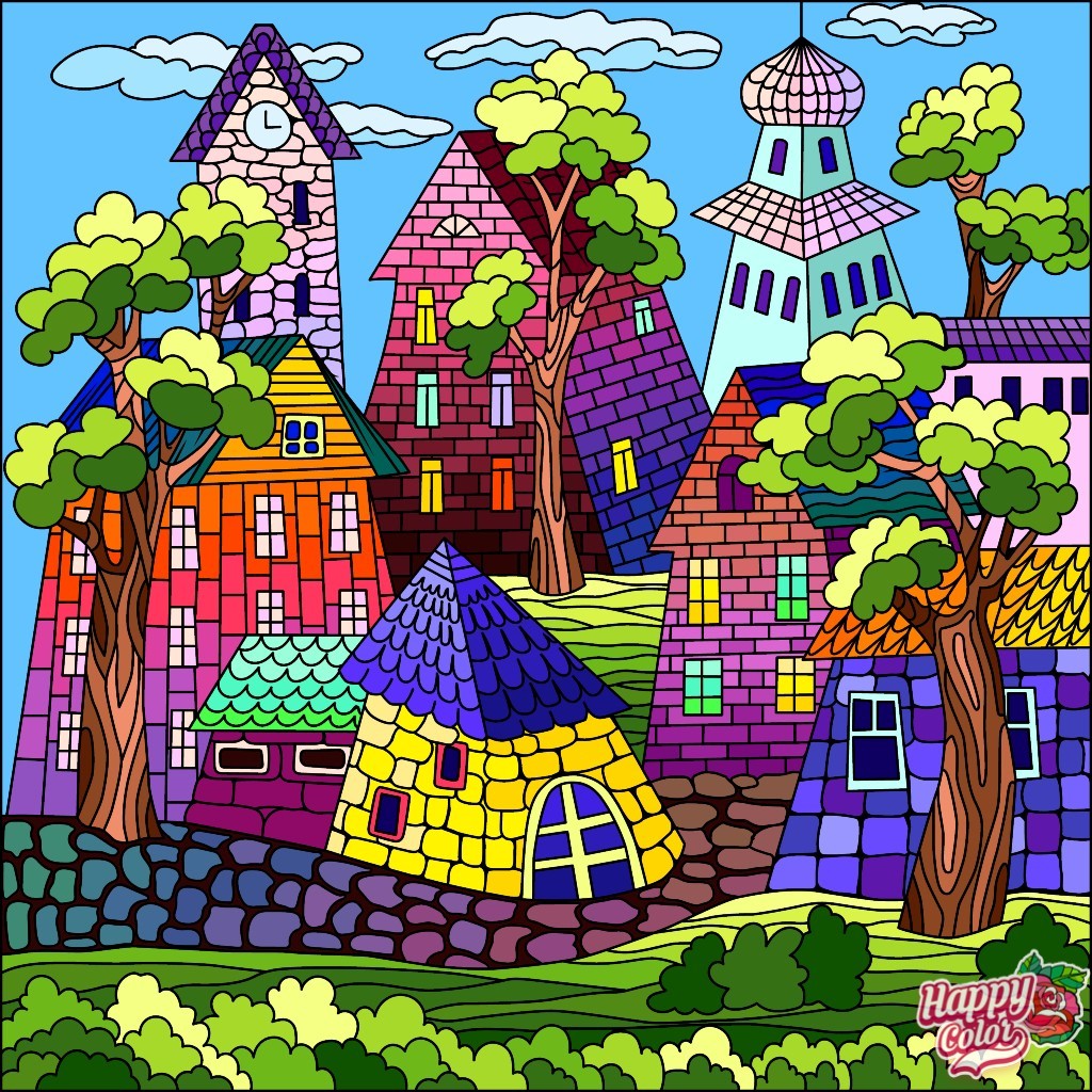 Colorful mosaic-style village with patterned houses and trees under a blue sky