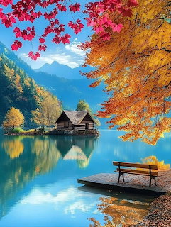 Wooden cabins on a calm turquoise lake surrounded by autumn foliage and mountains with a bench on a dock