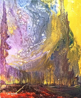 Abstract painting with purple and yellow swirls, dripping paint, and textured brushstrokes on canvas