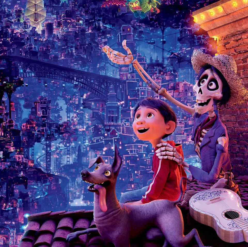 Two animated characters with a guitar looking over a magical glowing city at night