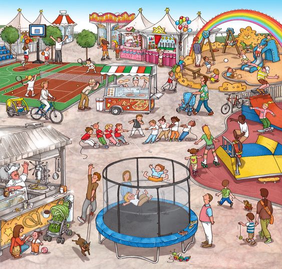 Cartoon playground scene with children on trampolines, slides, fair rides and attractions with rainbow overhead
