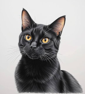 Realistic drawing of a black cat with golden yellow eyes and white whiskers on a light background