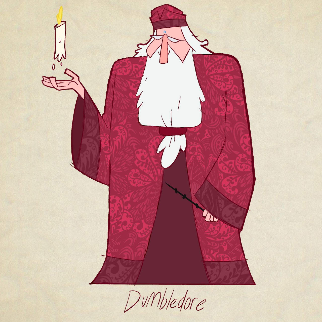 Illustrated wizard figure in burgundy robes with long white beard holding a lit candle