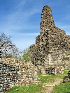 Stone castle ruins with tall tower and crumbling walls on grassy hillside under blue sky