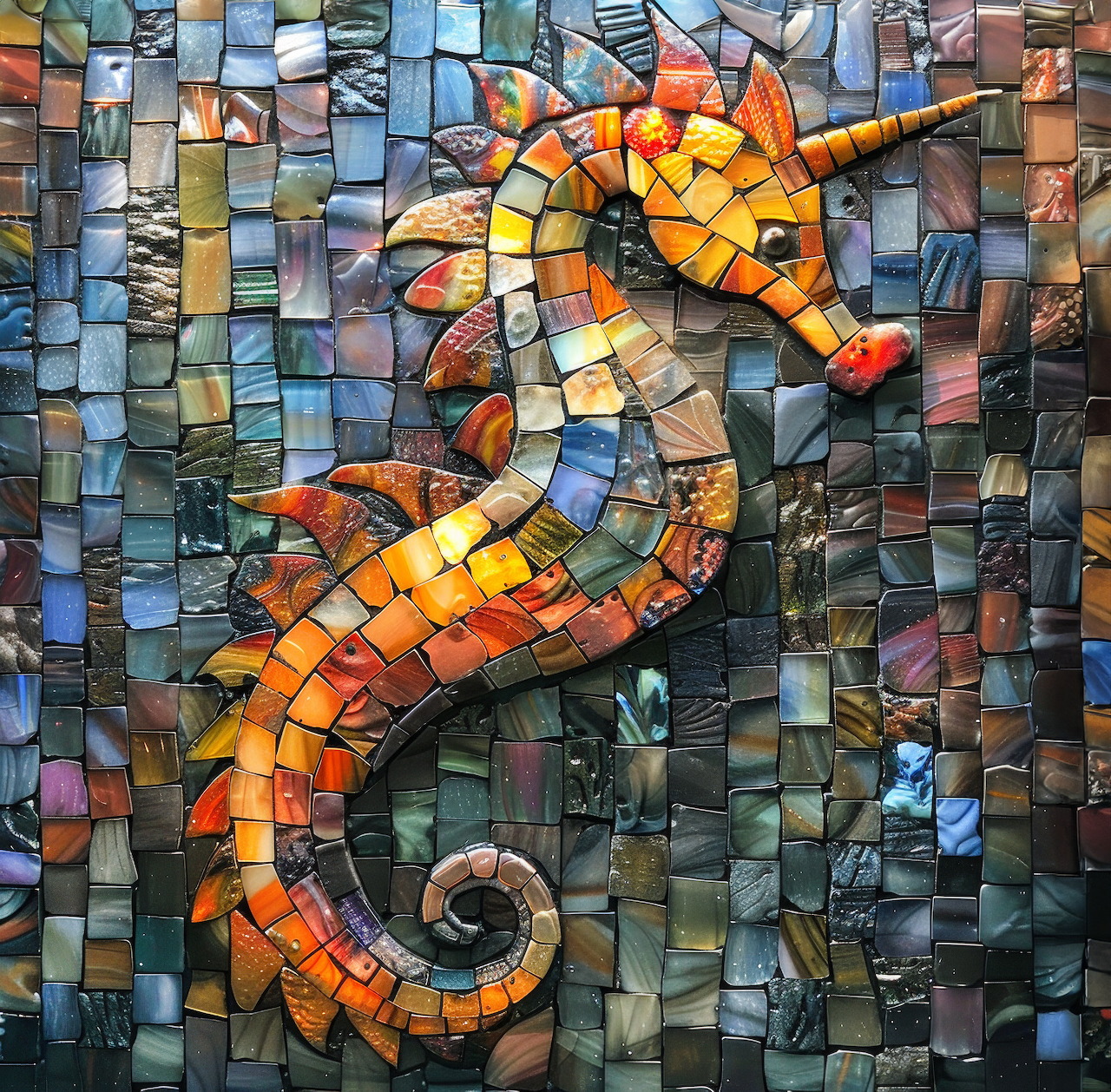 Colorful mosaic art of an orange seahorse with a unicorn horn made from small glass tiles on a blue-gray tiled background