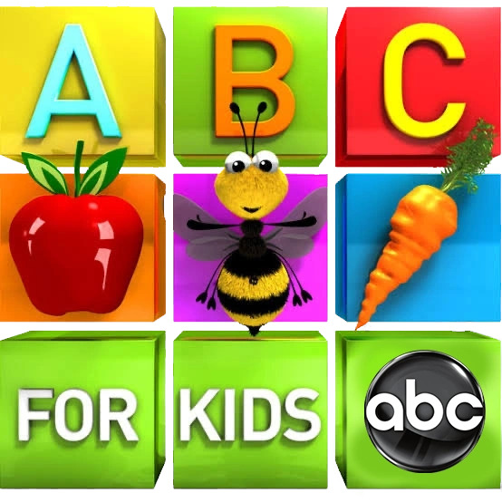 Colorful ABC alphabet blocks with apple, bee, and carrot illustrations for kids learning