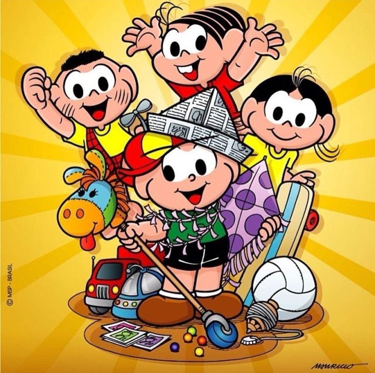 Cartoon children with toys and sports items on a yellow sunburst background