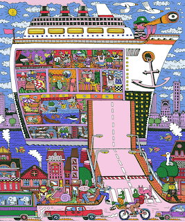 Detailed colorful illustration of cruise ship cross-section with ocean, marine life, and coastal buildings