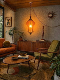 Cozy mid-century modern living room with orange sofa, green chair, walnut credenza, and amber pendant lamp