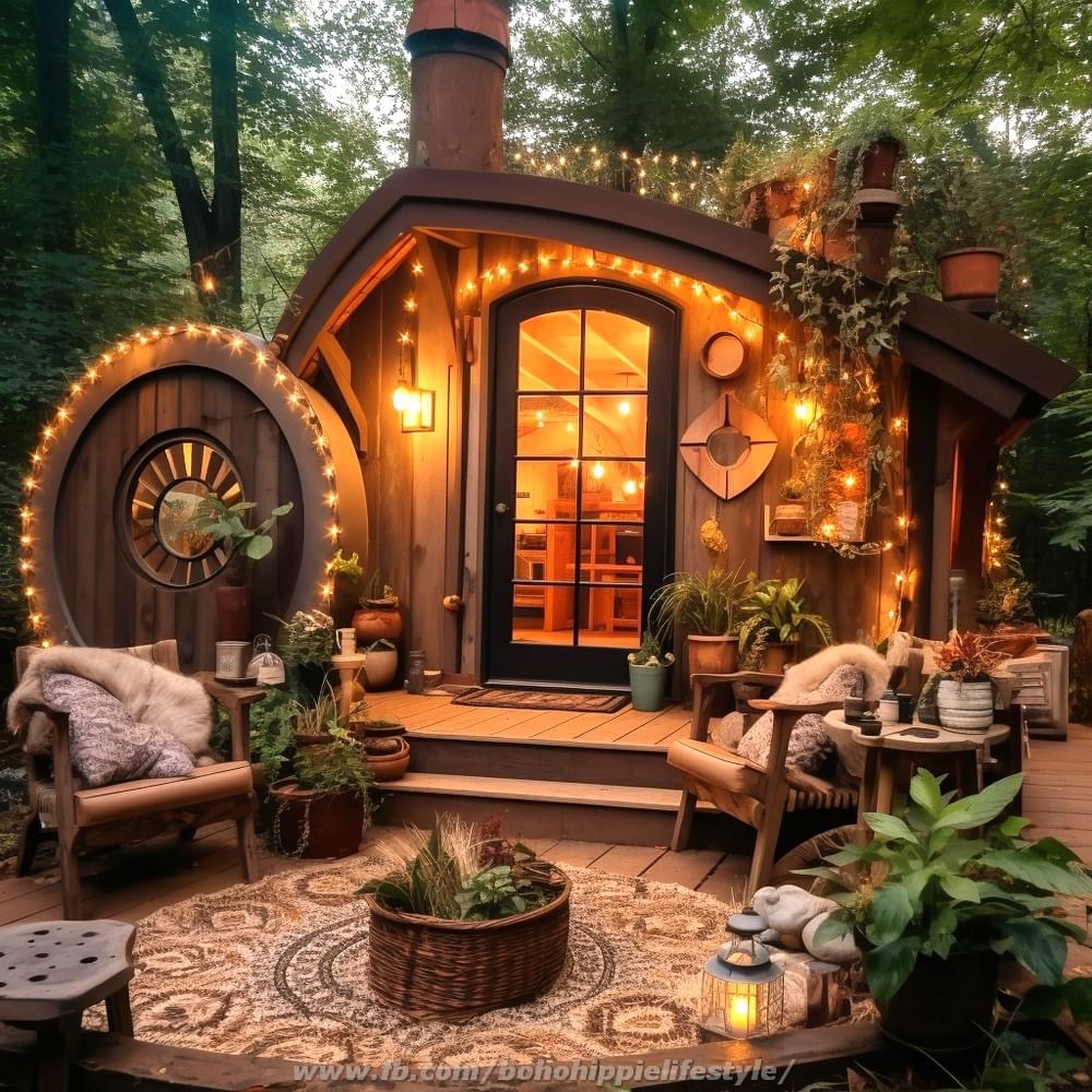 Fantasy Hobbit house with round door, string lights, and rustic furniture in forest setting at dusk