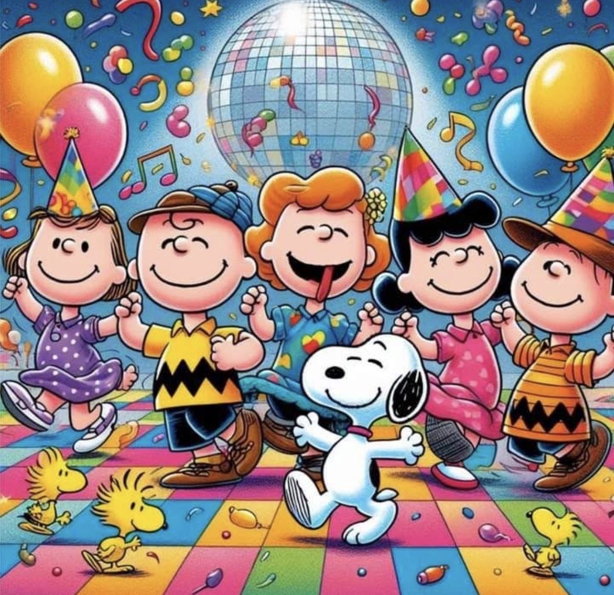 Snoopy dancing with Charlie Brown and friends at a birthday party with disco ball and balloons