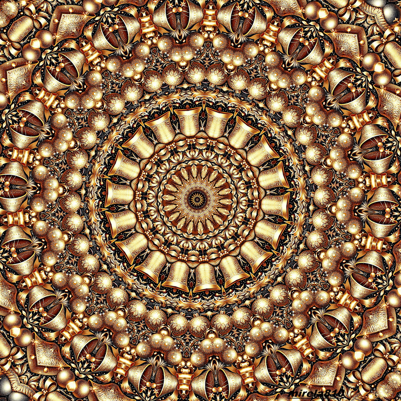 Ornate golden mandala with symmetrical geometric patterns and beaded accents