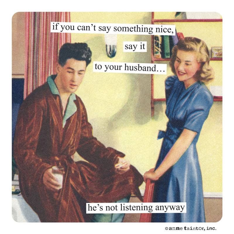 Retro 1950s couple illustration with sarcastic text about husband not listening
