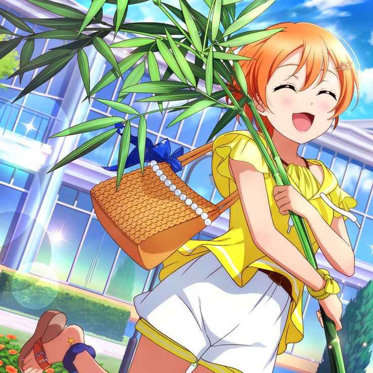 Anime character with orange hair smiling while holding bamboo plant and straw bag in sunlit outdoor setting