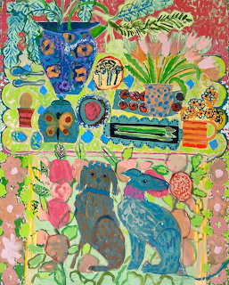 Naive folk art painting with blue dogs, ginger jars, tulips, butterflies and decorative objects in bright colors