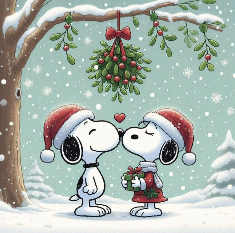 Two Snoopy dogs in Santa hats kissing under mistletoe in a snowy Christmas scene