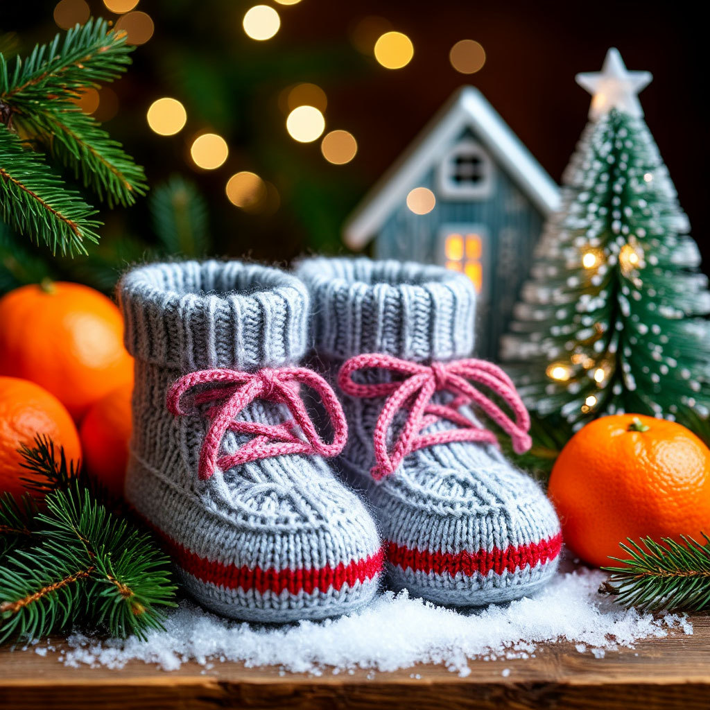 Gray and red knitted baby booties with small Christmas tree, oranges, and bokeh lights