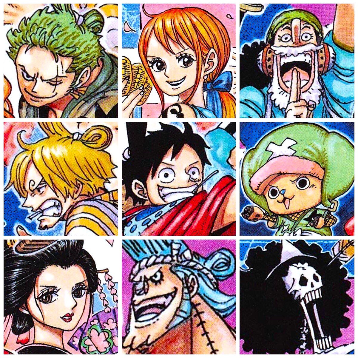 Grid of nine ONE PIECE anime character portraits in colorful manga style