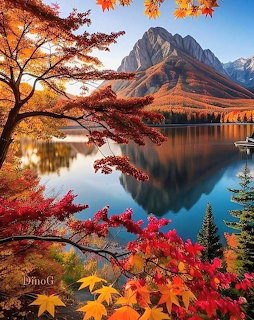 Mountain reflected in lake with autumn foliage in foreground