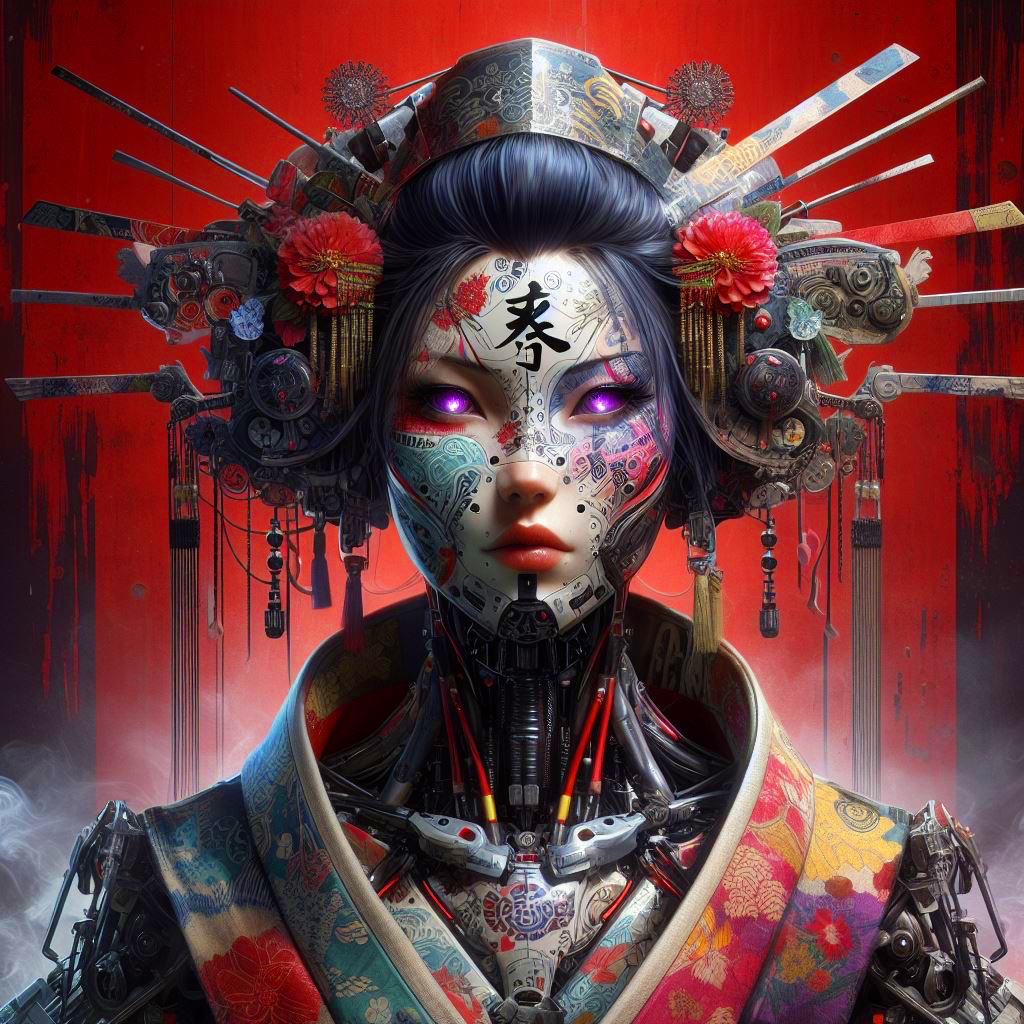 Futuristic geisha portrait with robotic details and ornate hair accessories against a red background
