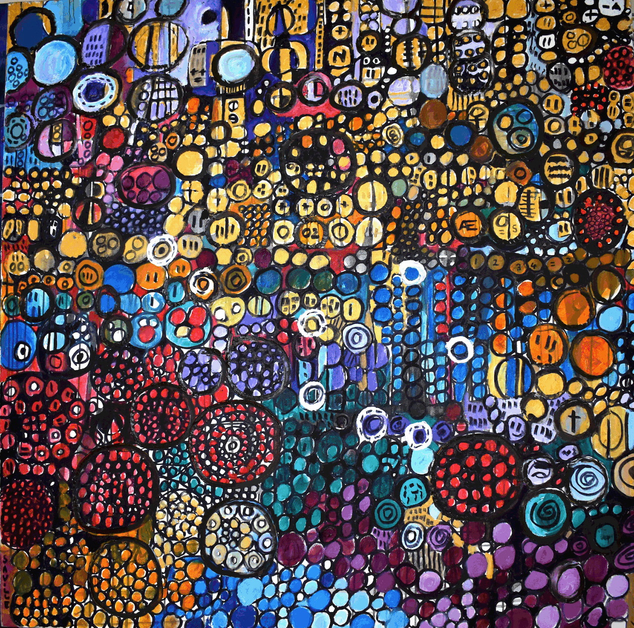 Dense abstract mosaic of colorful circles, dots and geometric patterns in blue, orange, red and purple tones