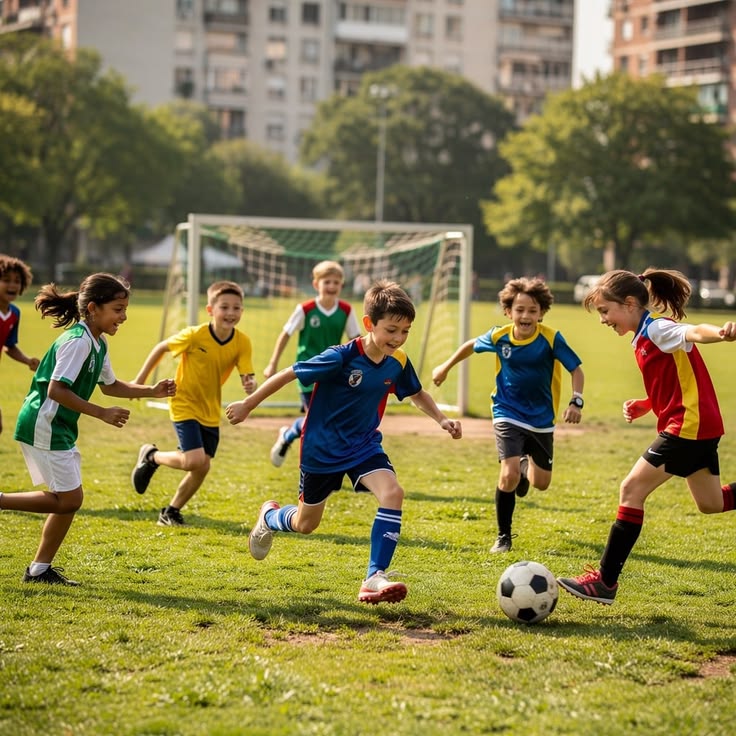 Children in sports jerseys playing soccer on a grass field with urban buildings behind them
