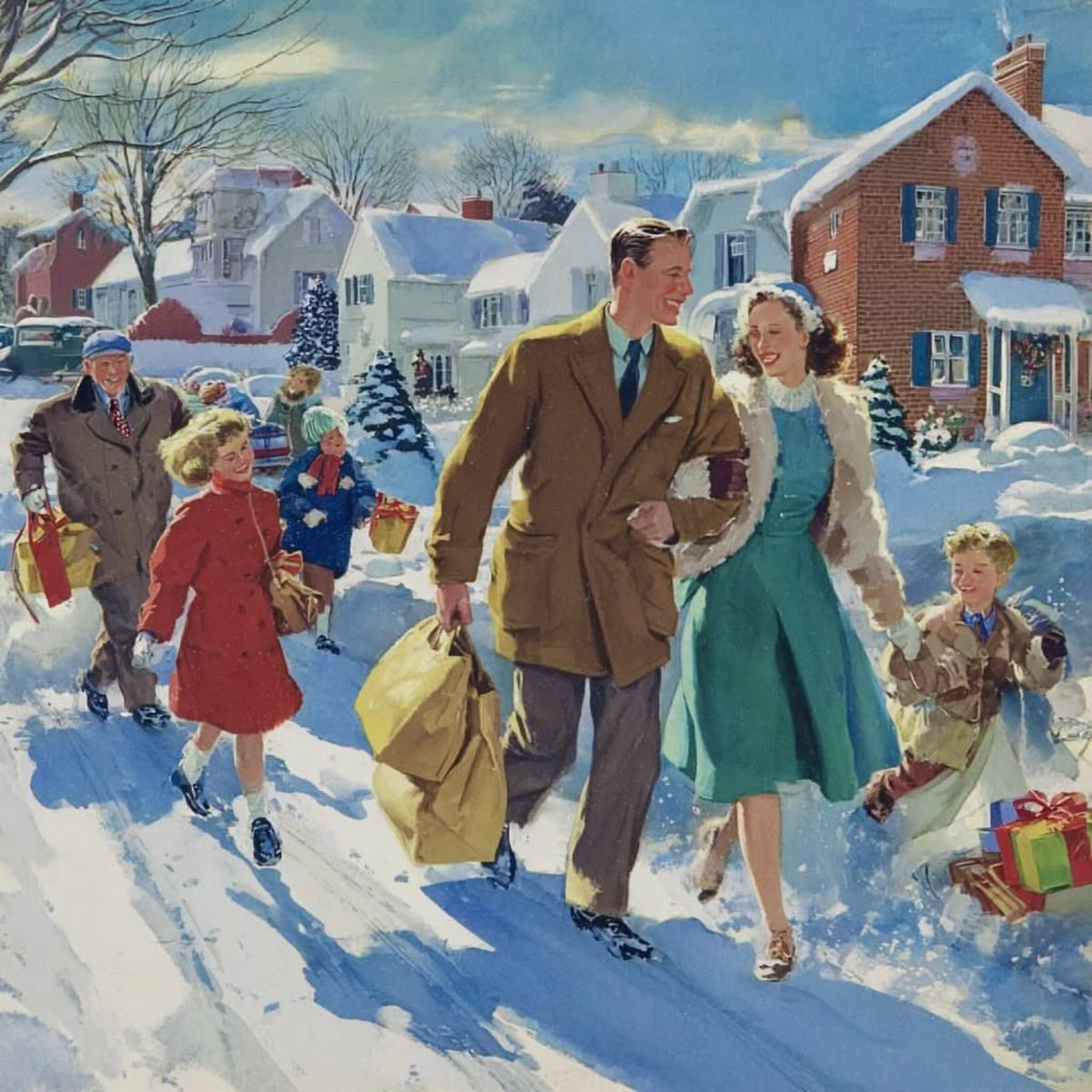 Vintage painting of family walking through snowy street toward brick house, children playing, Christmas village setting