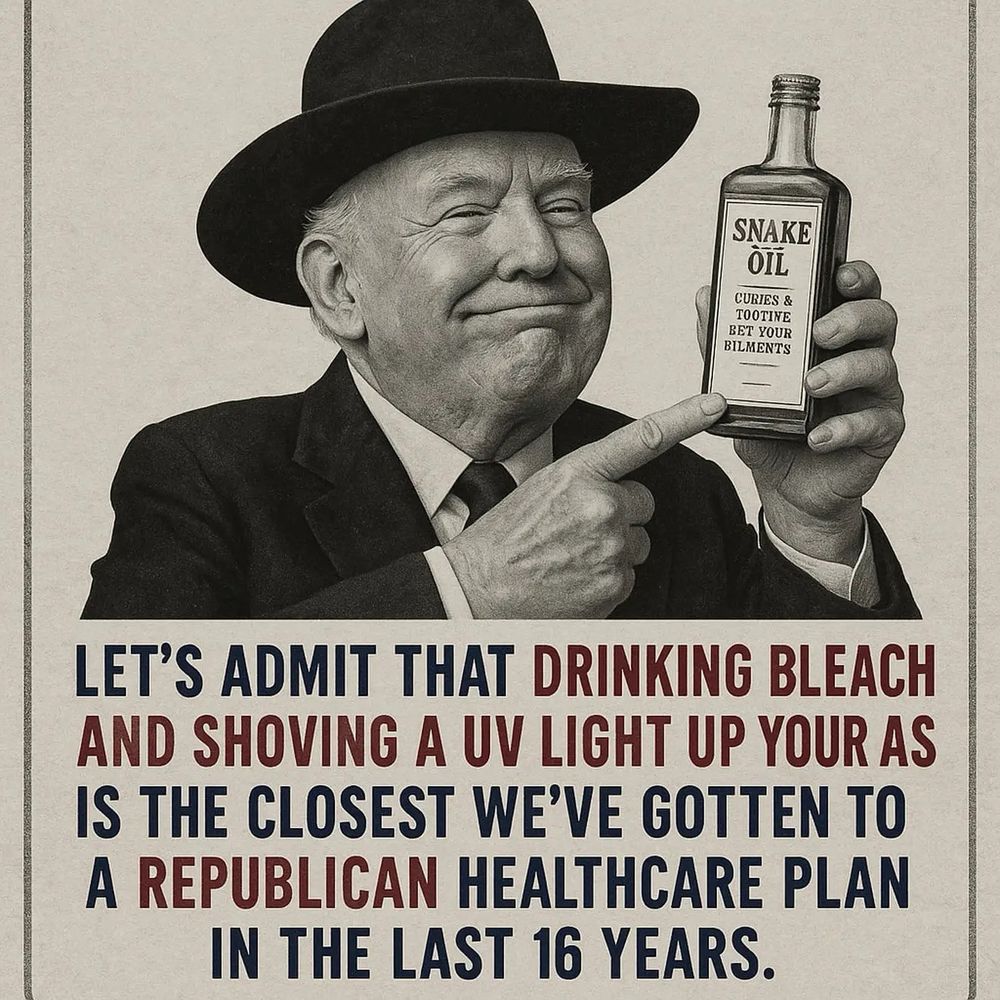 Black and white image of smiling man in hat and suit holding bottle of snake oil with political satire text overlay