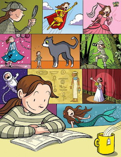 Cartoon girl reading an open book with colorful comic panels in the background