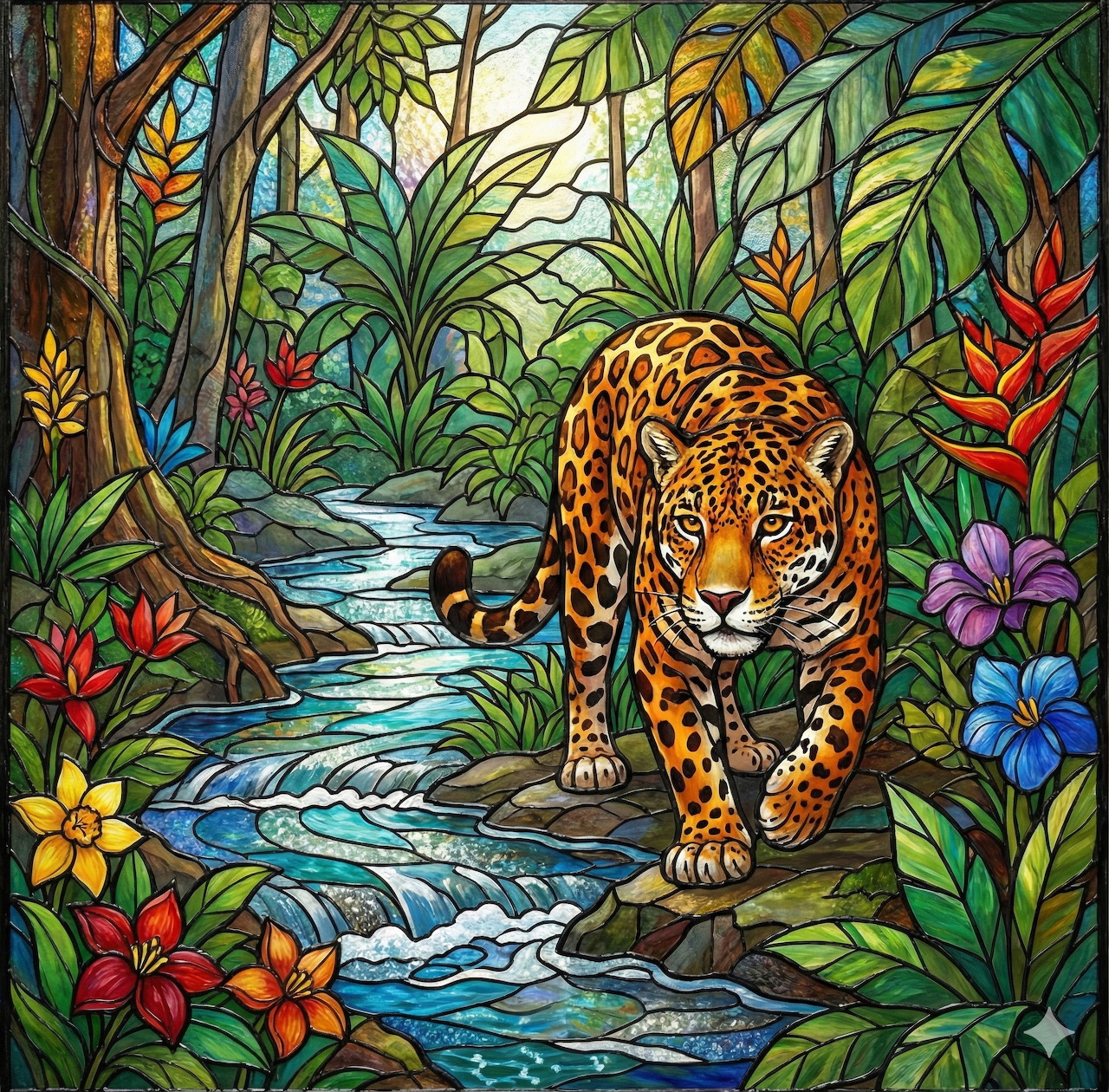 Jaguar walking near a stream in a vibrant jungle with tropical flowers and foliage in stained glass art style