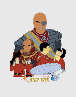 Star Trek illustration with characters in red uniforms and the USS Enterprise starship