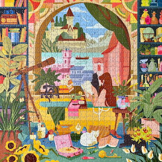 Colorful illustration of a woman at a table by an arched window with plants, books, and shelves