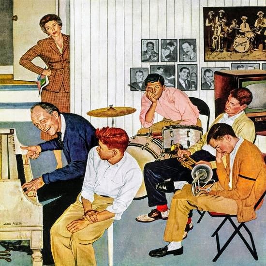 Vintage illustration showing a multi-generational family playing musical instruments together in a home setting
