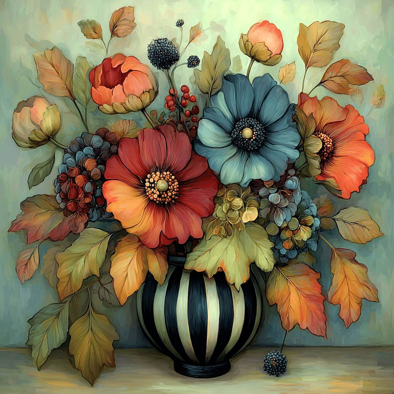 Colorful flowers and autumn leaves arranged in a black and white striped vase on a neutral surface