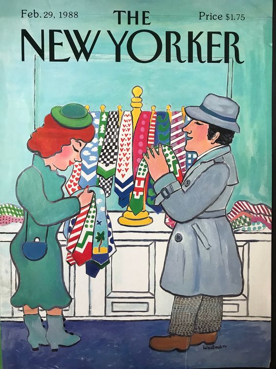 Vintage illustration of two women looking at colorful neckties in a shop display