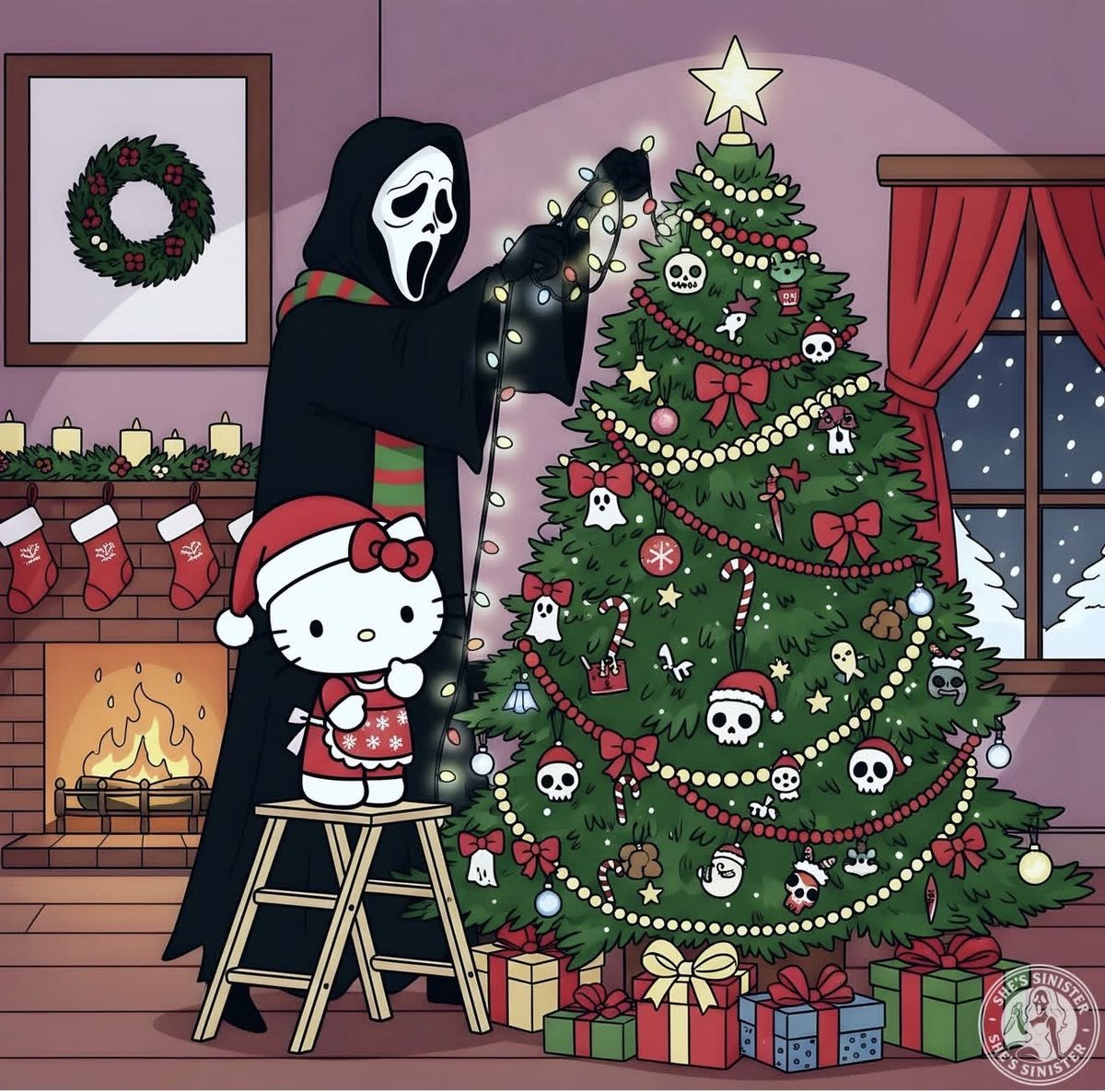 Hello Kitty and Ghostface decorate a Christmas tree in a cozy cartoon room with fireplace and presents.