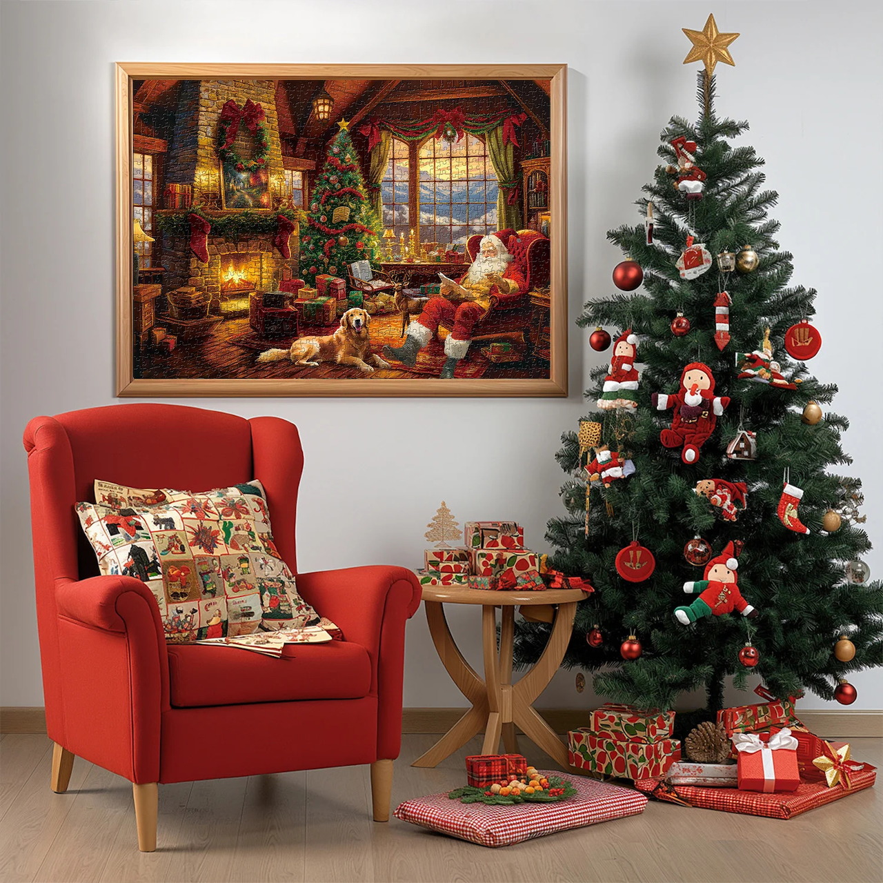 Cozy Christmas living room with decorated tree, red chair, and holiday fireplace art on wall