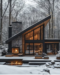 Modern dark wood and stone bungalow house in snowy forest with lit outdoor fireplace and large windows