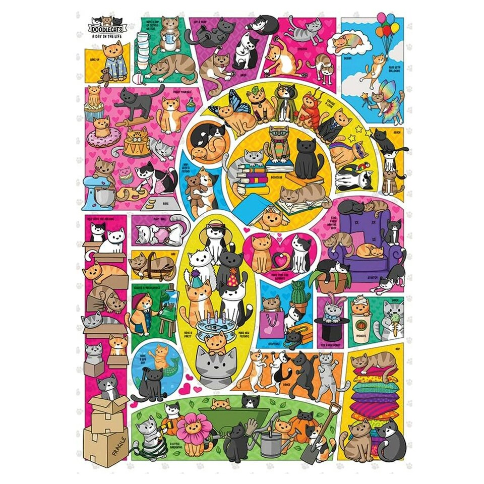 Colorful collage of illustrated cats in whimsical doodle style across multiple panels with bright patterns and scenes