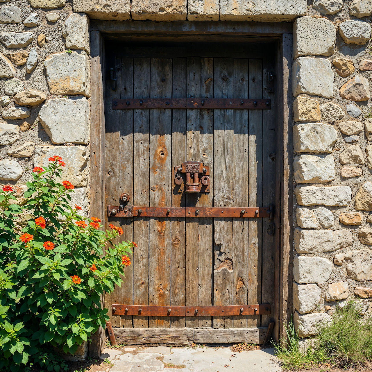 Weathered wooden door with iron lock in aged stone wall with orange flowers