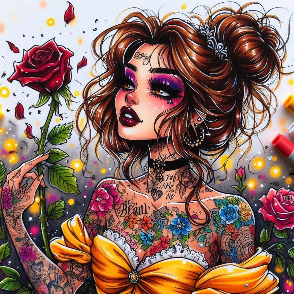 Illustrated woman with colorful tattoos, purple eye makeup, butterflies in hair, holding roses against bokeh background