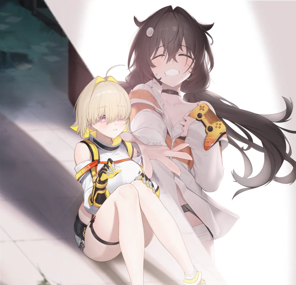 Anime-style blonde girl seated with a yellow game controller, with a larger dark-haired girl in the background