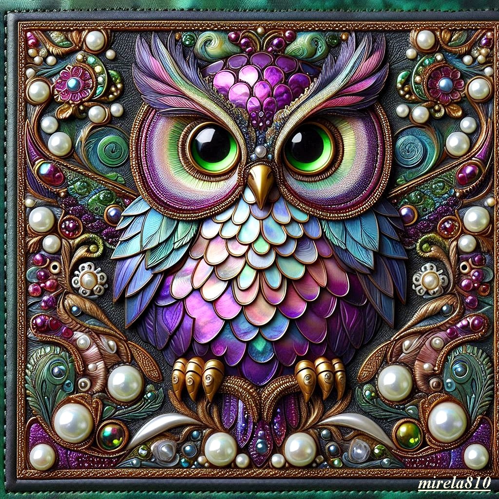 Ornate owl with colorful iridescent feathers and jeweled decorative frame