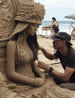 Artist sculpting a detailed sand figure of a woman with ornate headdress on a beach